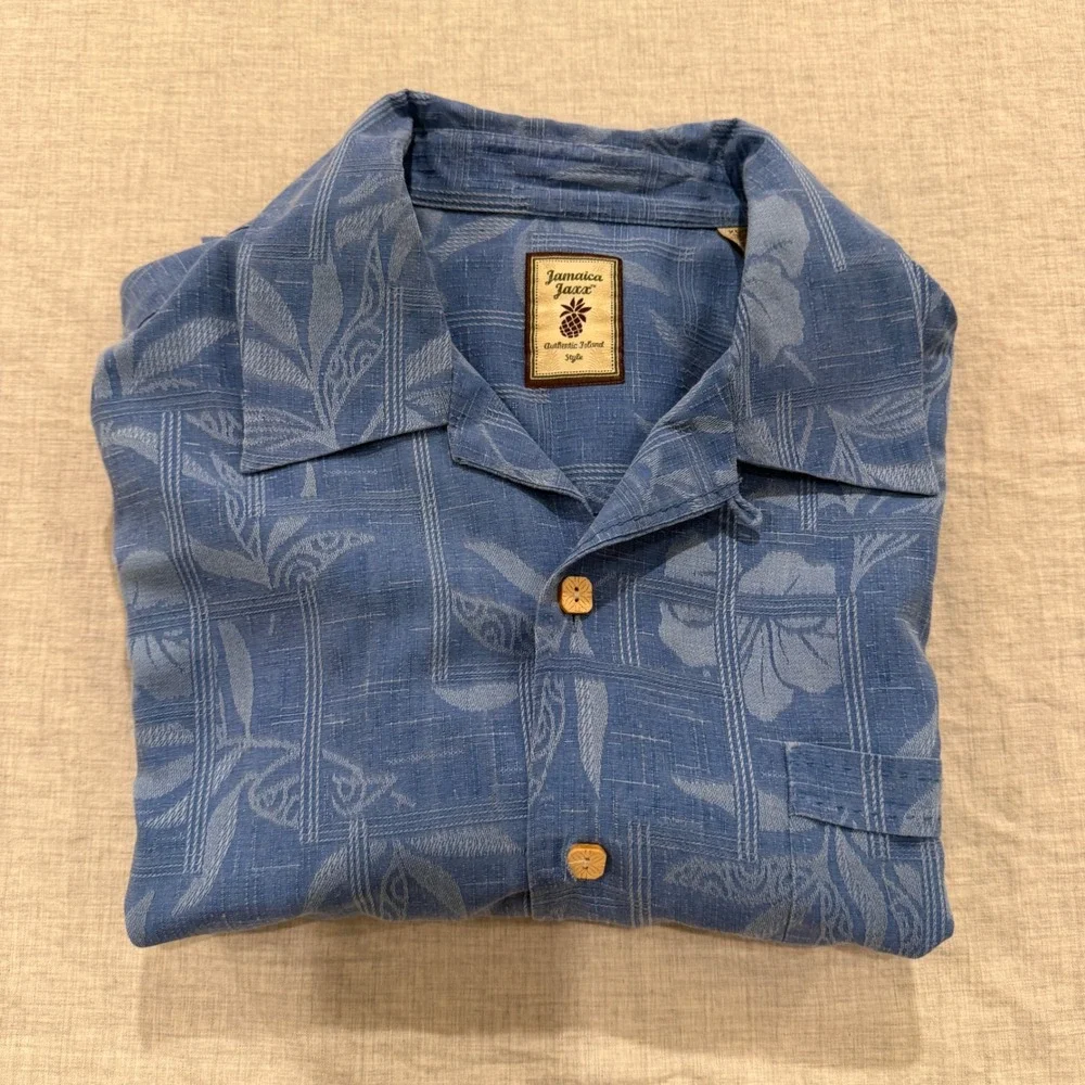 Jamaica Jaxx Mens XL Blue 100% Silk Jacquard Tropical Floral Camp Aloha Shirt